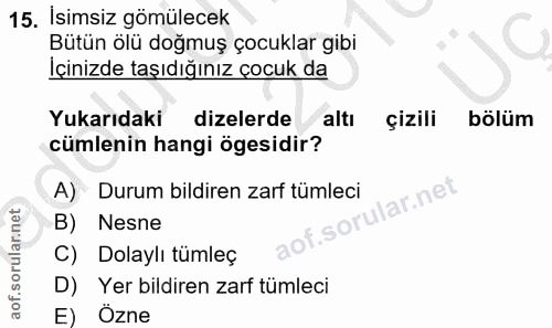 15. soru: Isimsiz gömülecek Bütün ölü doğmuş çocuklar gibi İçinizde taşıdığınız çocuk da Yukarıdaki dizelerde altı çizili bölüm…