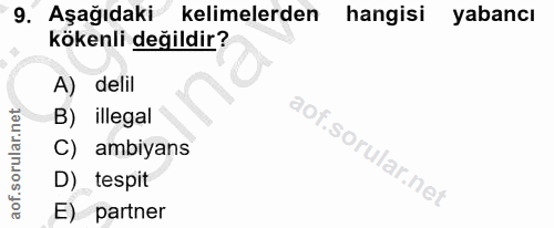 9. soru: Aşağıdaki kelimelerden hangisi yabancı kökenli değildir? A) delil B) illegal C) ambiyans D) tespit E) partner