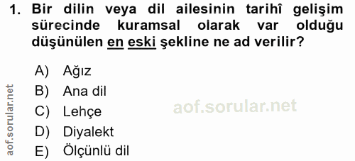 1. soru: Bir dilin veya dil ailesinin tarihî gelişim sürecinde kuramsal olarak var olduğu düşünülen en eski şekline ne ad veri…