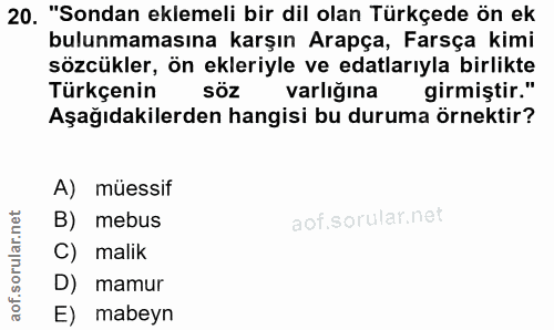 20. soru: "Sondan eklemeli bir dil olan Türkçede ön ek bulunmamasına karşın Arapça, Farsça kimi sözcükler, ön ekleriyle ve edal…