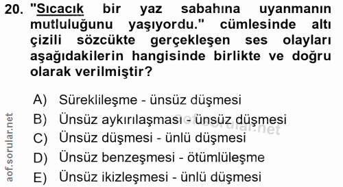 20. soru: "Sıcacık bir yaz sabahına uyanmanın mutluluğunu yaşıyordu." cümlesinde altı çizili sözcükte gerçekleşen ses olayları…