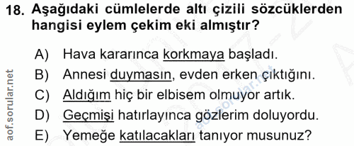18. soru: Aşağıdaki cümlelerde altı çizili sözcüklerden hangisi eylem çekim eki almıştır? A) Hava kararınca korkmaya başladı. B…