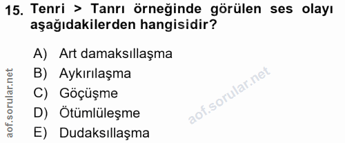 15. soru: Tenri > Tanrı örneğinde görülen ses olayı aşağıdakilerden hangisidir? A) Art damaksıllaşma B) Aykırılaşma C) Göçüşme…