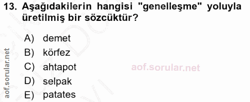 13. soru: Aşağıdakilerin hangisi "genelleşme" yoluyla üretilmiş bir sözcüktür? A) demet B) körfez C) ahtapot D) selpak E) patates