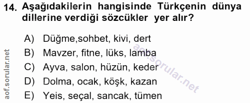 14. soru: Aşağıdakilerin hangisinde Türkçenin dünya dillerine verdiği sözcükler yer alır? A) Düğme, sohbet, kivi, dert B) Mavze…