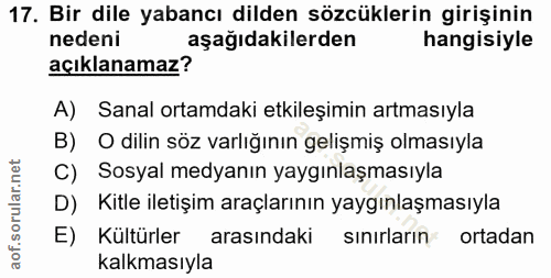 17. soru: Bir dile yabancı dilden sözcüklerin girişinin nedeni aşağıdakilerden hangisiyle açıklanamaz? A) Sanal ortamdaki etkil…