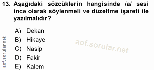13. soru: Aşağıdaki sözcüklerin hangisinde /al sesi ince olarak söylenmeli ve düzeltme işareti ile yazılmalıdır? A) Dekan B) Hi…