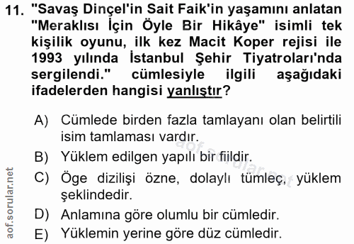 11. soru: "Savaş Dinçel'in Sait Faik'in yaşamını anlatan "Meraklısı İçin Öyle Bir Hikâye" isimli tek kişilik oyunu, ilk kez Mac…