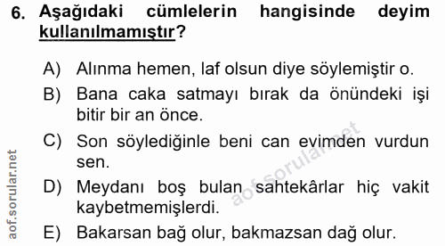6. soru: Aşağıdaki cümlelerin hangisinde deyim kullanılmamıştır? A) Alınma hemen, laf olsun diye söylemiştir o. B) Bana caka s…