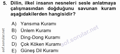 5. soru: Dilin, ilkel insanın nesneleri sesle anlatmaya çalışmasından doğduğunu savunan kuram aşağıdakilerden hangisidir? A) Y…