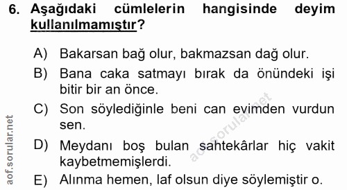 6. soru: Aşağıdaki cümlelerin hangisinde deyim kullanılmamıştır? A) Bakarsan bağ olur, bakmazsan dağ olur. B) Bana caka satmay…
