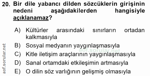 20. soru: Bir dile yabancı dilden sözcüklerin girişinin nedeni aşağıdakilerden hangisiyle açıklanamaz? A) Kültürler arasındaki…