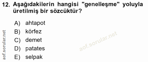 12. soru: Aşağıdakilerin hangisi "genelleşme" yoluyla üretilmiş bir sözcüktür? A) ahtapot B) körfez C) demet D) patates aof. E)…