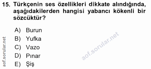 15. soru: Türkçenin ses özellikleri dikkate alındığında, aşağıdakilerden hangisi yabancı kökenli bir sözcüktür? A) Burun B) Yuf…