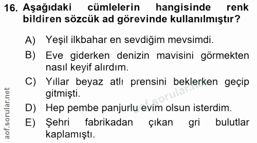 16. soru: Aşağıdaki cümlelerin hangisinde renk bildiren sözcük ad görevinde kullanılmıştır? A) Yeşil ilkbahar en sevdiğim mevsi…