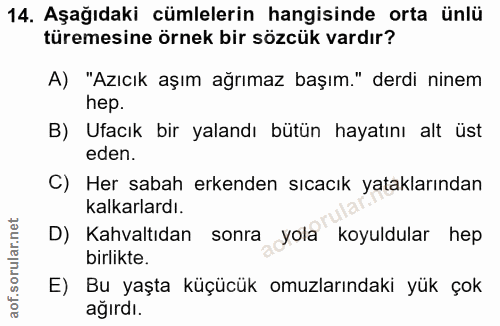 14. soru: Aşağıdaki cümlelerin hangisinde orta ünlü türemesine örnek bir sözcük vardır? A) "Azıcık aşım ağrımaz başım." derdi n…