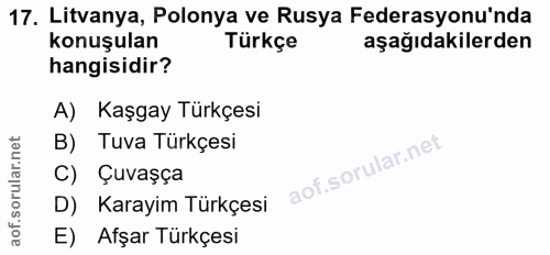 17. soru: Litvanya, Polonya ve Rusya Federasyonu'nda konuşulan Türkçe aşağıdakilerden hangisidir? A) Kaşgay Türkçesi B) Tuva Tü…