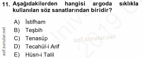 11. soru: Aşağıdakilerden hangisi argoda sıklıkla kullanılan söz sanatlarından biridir? A) Istifham B) Teşbih C) Tenasüp D) Tec…