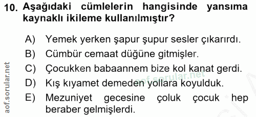 10. soru: Aşağıdaki cümlelerin hangisinde yansıma kaynaklı ikileme kullanılmıştır? A) Yemek yerken şapur şupur sesler çıkarırdı…