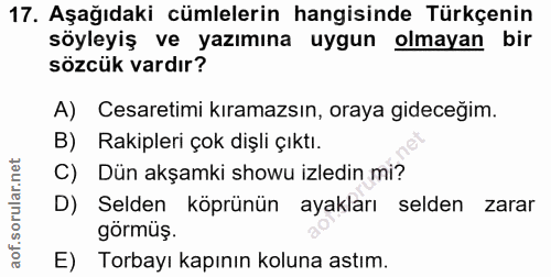 17. soru: Aşağıdaki cümlelerin hangisinde Türkçenin söyleyiş ve yazımına uygun olmayan bir sözcük vardır? A) Cesaretimi kıramaz…