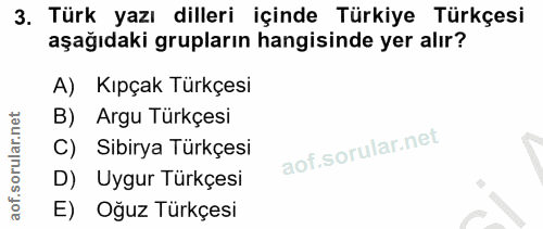3. soru: Türk yazı dilleri içinde Türkiye Türkçesi aşağıdaki grupların hangisinde yer alır? A) Kıpçak Türkçesi B) Argu Türkçes…