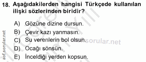 18. soru: Aşağıdakilerden hangisi Türkçede kullanılan ilişki sözlerinden biridir? A) Gözüne dizine dursun. B) Çevir kazı yanmas…