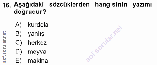 16. soru: Aşağıdaki sözcüklerden hangisinin yazımı doğrudur? A) kurdela rular.net B) yanlış C) herkez aof.s D) meyva E) makina