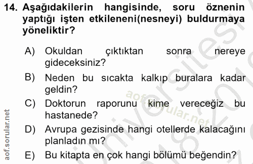 14. soru: Aşağıdakilerin hangisinde, soru öznenin yaptığı işten etkileneni(nesneyi) buldurmaya yöneliktir? A) Okuldan Çıktıktan…