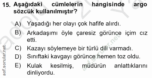 15. soru: Aşağıdaki cümlelerin hangisinde argo sözcük kullanılmıştır? A) Yaşadığı her olayı çok hafife alırdı. B) - Arkadaşımı…