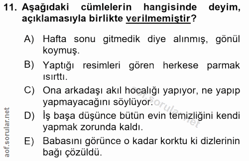 11. soru: Aşağıdaki cümlelerin hangisinde deyim, açıklamasıyla birlikte verilmemiştir? A) Hafta sonu gitmedik diye alınmış, gön…