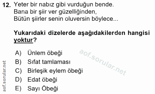 12. soru: Yeter bir nabız gibi vurduğun bende. Bana bir şiir ver güzelliginden, Bütün şiirler senin oluversin böylece... Yukarı…