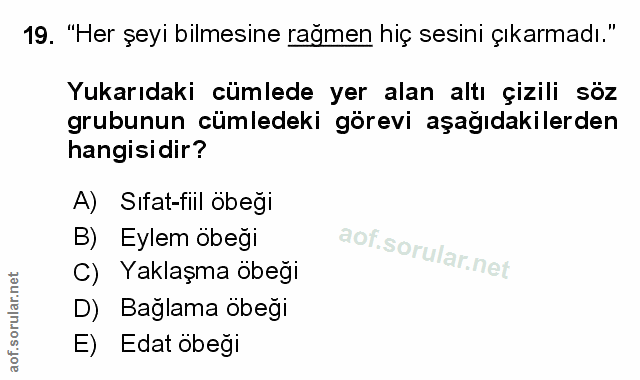 19. soru: "Her şeyi bilmesine rağmen hiç sesini çıkarmadı." Yukarıdaki cümlede yer alan altı çizili soz grubunun cümledeki göre…