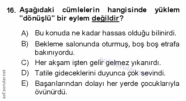 16. soru: Aşağıdaki cümlelerin hangisinde yüklem "dönüşlü" bir eylem degildir? A) Bu konuda ne kadar hassas olduğu bilinirdi. B…