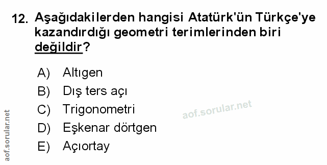 12. soru: Aşağıdakilerden hangisi Atatürk'ün Türkçe'ye kazandırdığı geometri terimlerinden biri değildir? A) Altıgen B) Dış ter…
