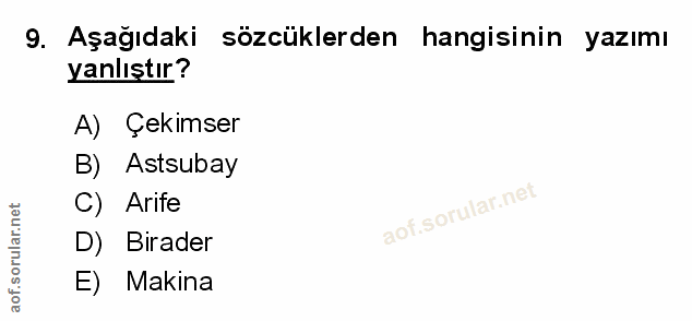 9. soru: Aşağıdaki sözcüklerden hangisinin yazımı yanlıştır? A) Çekimser B) Astsubay C) Arife D) Birader E) Makina