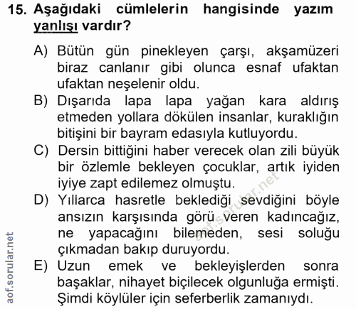15. soru: Aşağıdaki cümlelerin hangisinde yazım yanlışı vardır? A) Bütün gün pinekleyen çarşı, akşamüzeri biraz canlanır gibi o…