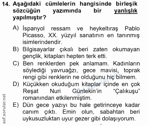 14. soru: Aşağıdaki cümlelerin hangisinde birleşik sözcüğün yazımında bir yanlışlık yapılmıştır? A) Ispanyol ressam ve heykeltı…