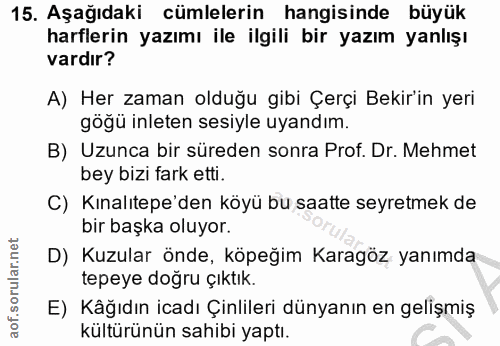 15. soru: Aşağıdaki cümlelerin hangisinde büyük harflerin yazımı ile ilgili bir yazım yanlışı vardır? A) Her zaman olduğu gibi…