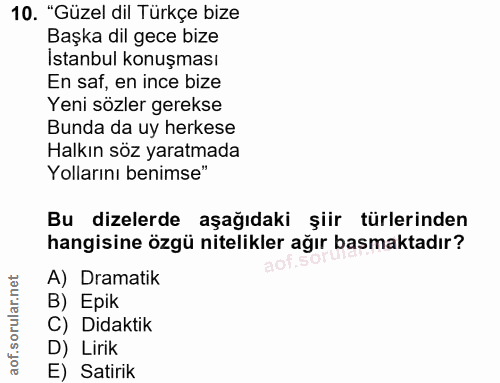 10. soru: "Güzel dil Türkçe bize Başka dil gece bize İstanbul konuşması En saf, en ince bize Yeni sözler gerekse Bunda da uy he…