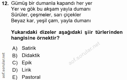 12. soru: Gümüş bir dumanla kapandı her yer Yer ve gök bu akşam yayla dumanı Sürüler, çeşmeler, sarı çiçekler Beyaz kar, yeşil…