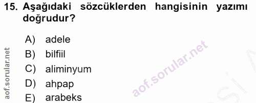 15. soru: Aşağıdaki sözcüklerden hangisinin yazımı doğrudur? A) adele B) bilfiil C) aliminyum D) ahpap E) arabeks