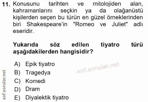 11. soru: Konusunu tarihten ve mitolojiden alan, kahramanlarını seçkin ya da olağanüstü kişilerden seçen bu türün en güzel örne…