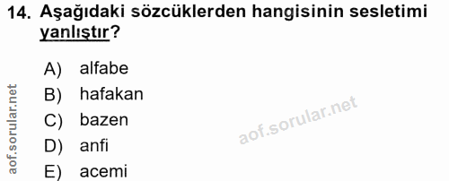 14. soru: Aşağıdaki sözcüklerden hangisinin sesletimi yanlıştır? A) alfabe rular.net B) hafakan C) bazen D) anfi aof. E) acemi