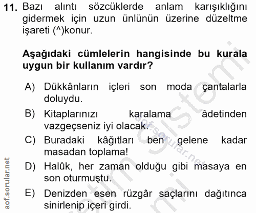 11. soru: Bazı alıntı sözcüklerde anlam karışıklığını gidermek için uzun ünlünün üzerine düzeltme işareti (^)konur. Aşağıdaki c…