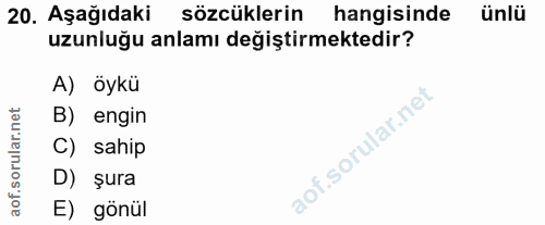 20. soru: Aşağıdaki sözcüklerin hangisinde ünlü uzunluğu anlamı değiştirmektedir? A) öykü B) engin C) sahip D) şura E) gönül