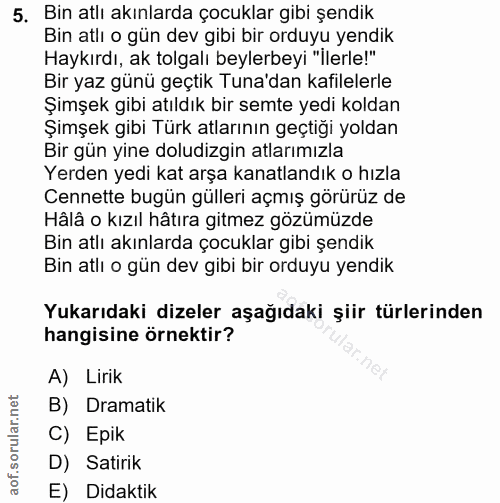 5. soru: Bin atlı akınlarda çocuklar gibi şendik Bin atlı o gün dev gibi bir orduyu yendik Haykırdı, ak tolgalı beylerbeyi "Il…