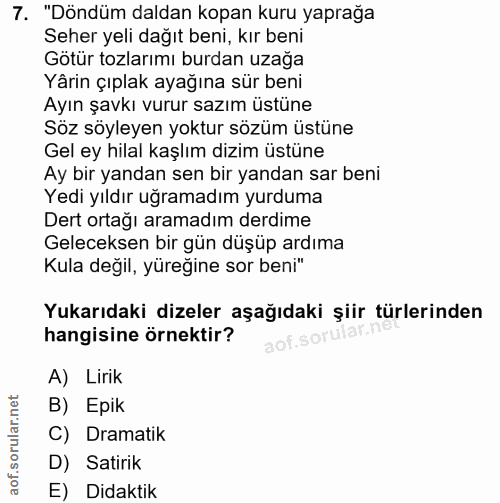 7. soru: "Döndüm daldan kopan kuru yaprağa Seher yeli dağıt beni, kır beni Götür tozlarımı burdan uzağa Yârin çıplak ayağına s…