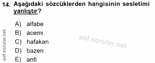 14. soru: Aşağıdaki sözcüklerden hangisinin sesletimi yanlıştır? A) alfabe rular.net B) acemi C) hafakan aof.s D) bazen E) anfi