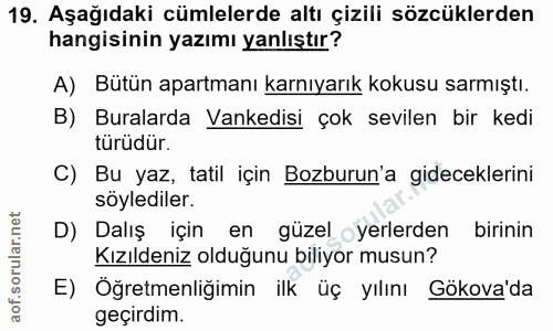 19. soru: Aşağıdaki cümlelerde altı çizili sözcüklerden hangisinin yazımı yanlıştır? A) Bütün apartmanı karnıyarık kokusu sarmı…