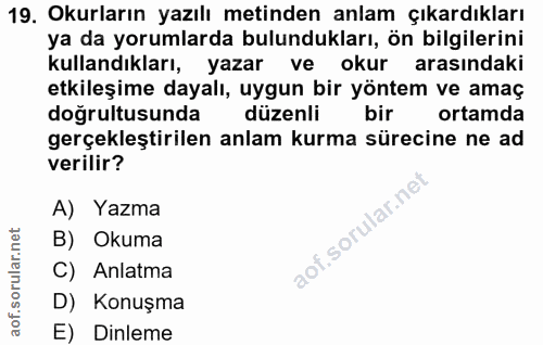 19. soru: Okurların yazılı metinden anlam çıkardıkları ya da yorumlarda bulundukları, ön bilgilerini kullandıkları, yazar ve ok…